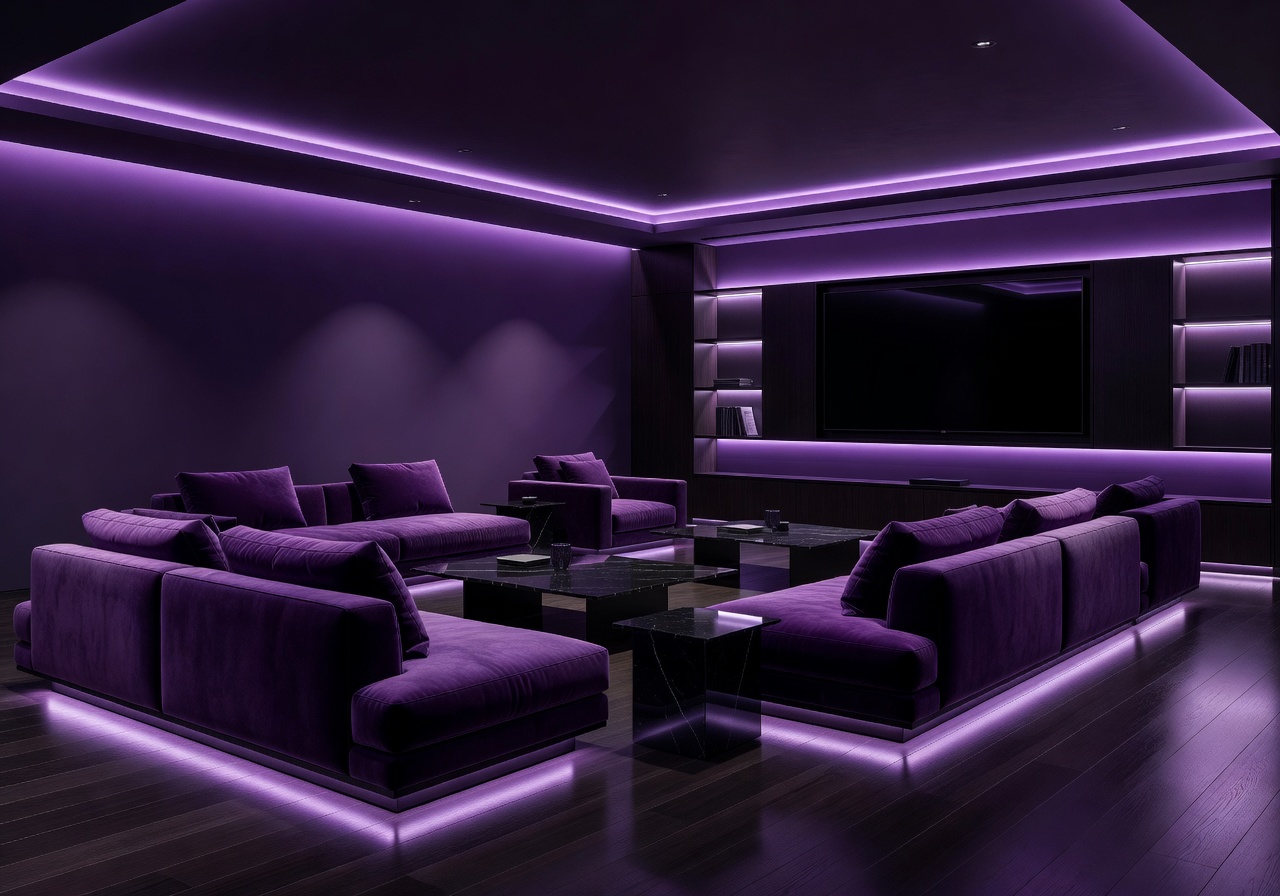 Elegant entertainment lounge interior with purple ambient lighting
