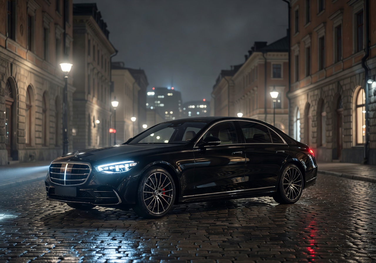 Luxury black airport transfer car at night in Helsinki