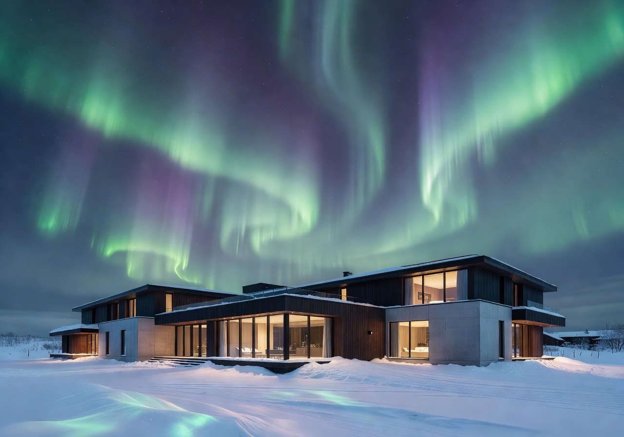 Luxury Finland hotel exterior at night with aurora lights